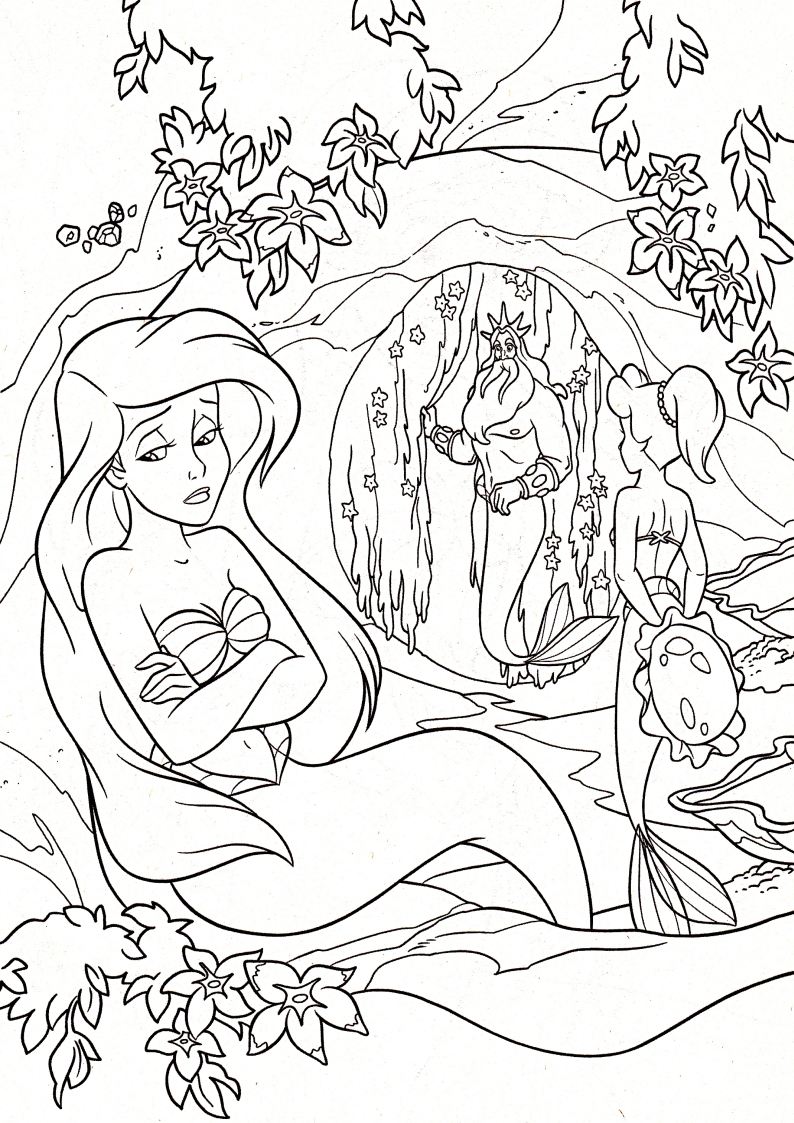 kolorowanka Ariel i król Tryton z bajki Disney Mała Syrenka, obrazek do wydruku i pokolorowania kredkami numer 21